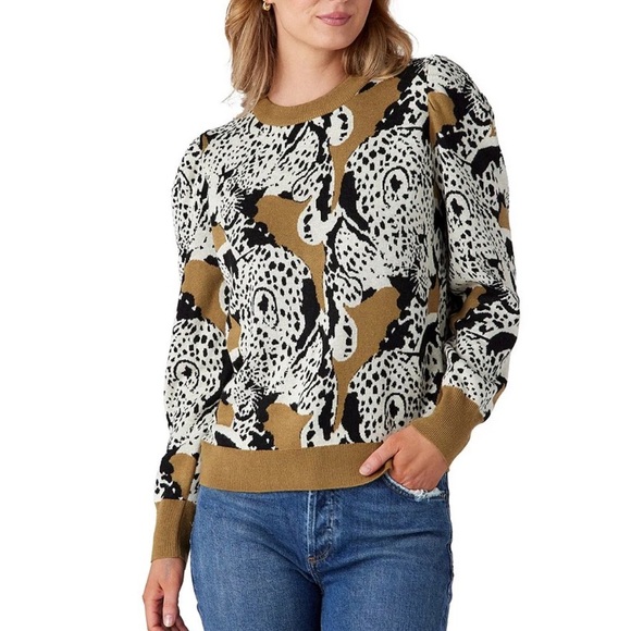 CROSBY Bixby Cashmere Blend Intarsia Leopard Crewneck Long Puff Sleeve  Sweater - Picture 1 of 6